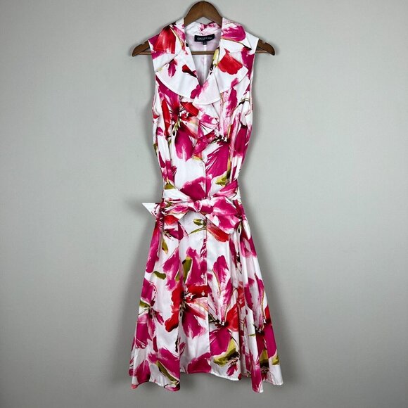 Jones New York Dress Womens 10 Pink Floral Ruffle Collar Belted Button Up A-Line - Picture 12 of 12